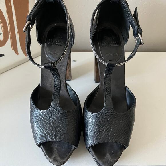 Brunello Cucinelli Black Leather Platform Block Heel Peep‎ T-Strap Sandals 40.5 - Picture 10 of 13